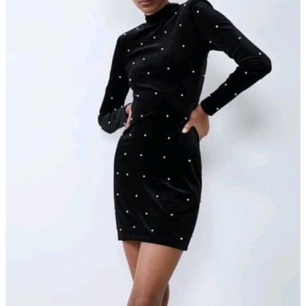 Zara Black Velvet Pearl Mini Dress Sz Medium High Neck Long Sleeves Bodycon